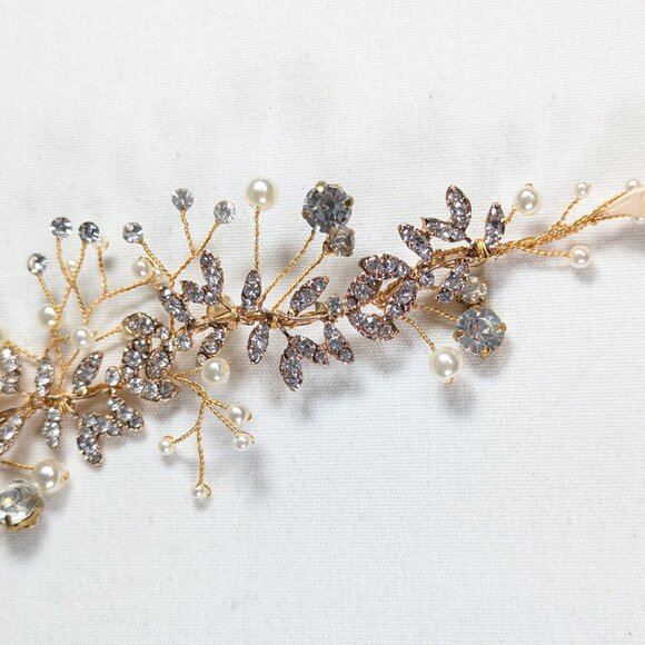 Summer Goddess bridal headband, wedding accessory hairstyle gold pearl crystals - Picture 8 of 11